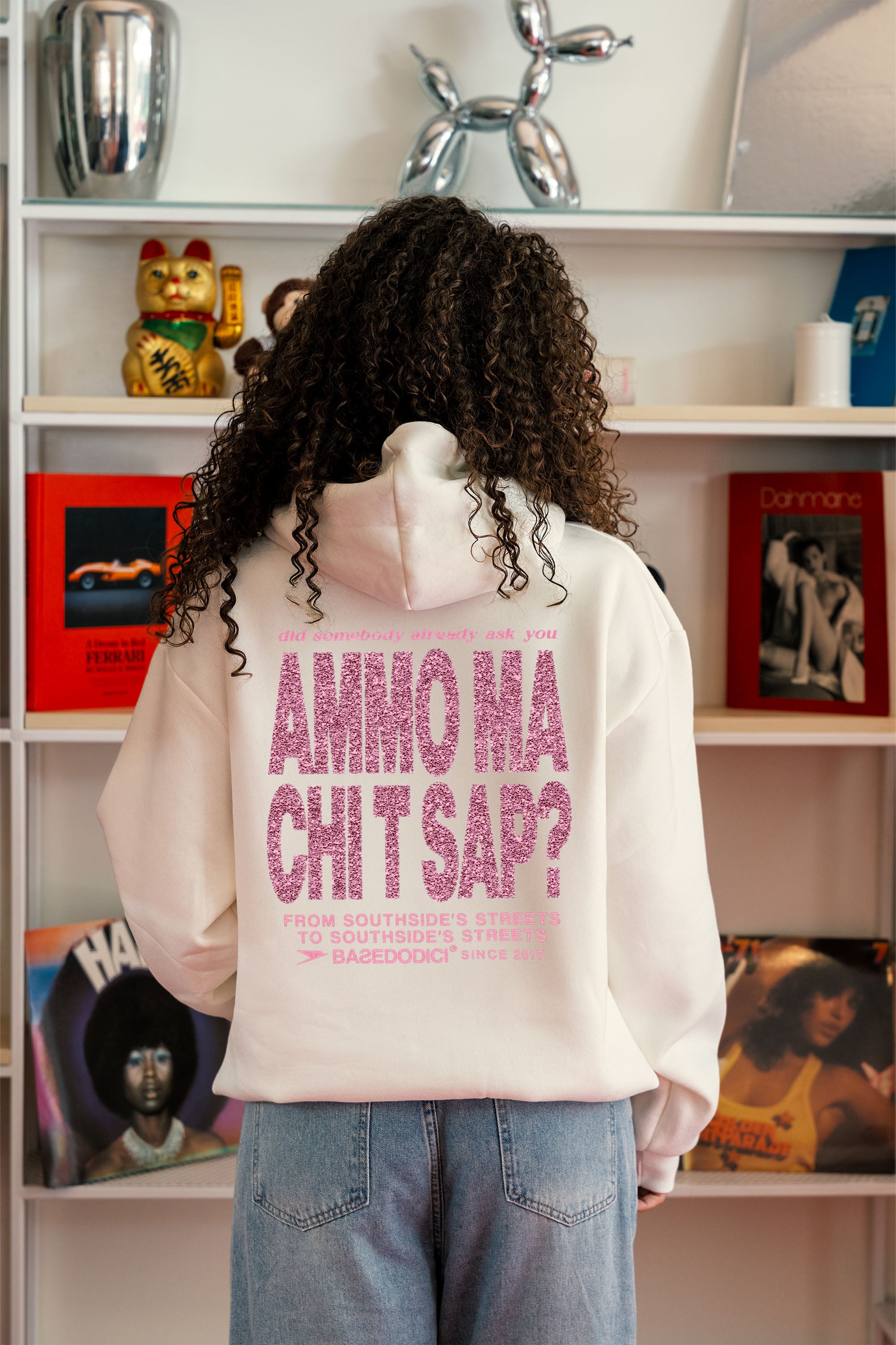 Hoodie “AMMO” CHI'T'SAP White/Glitter Bubble Pink