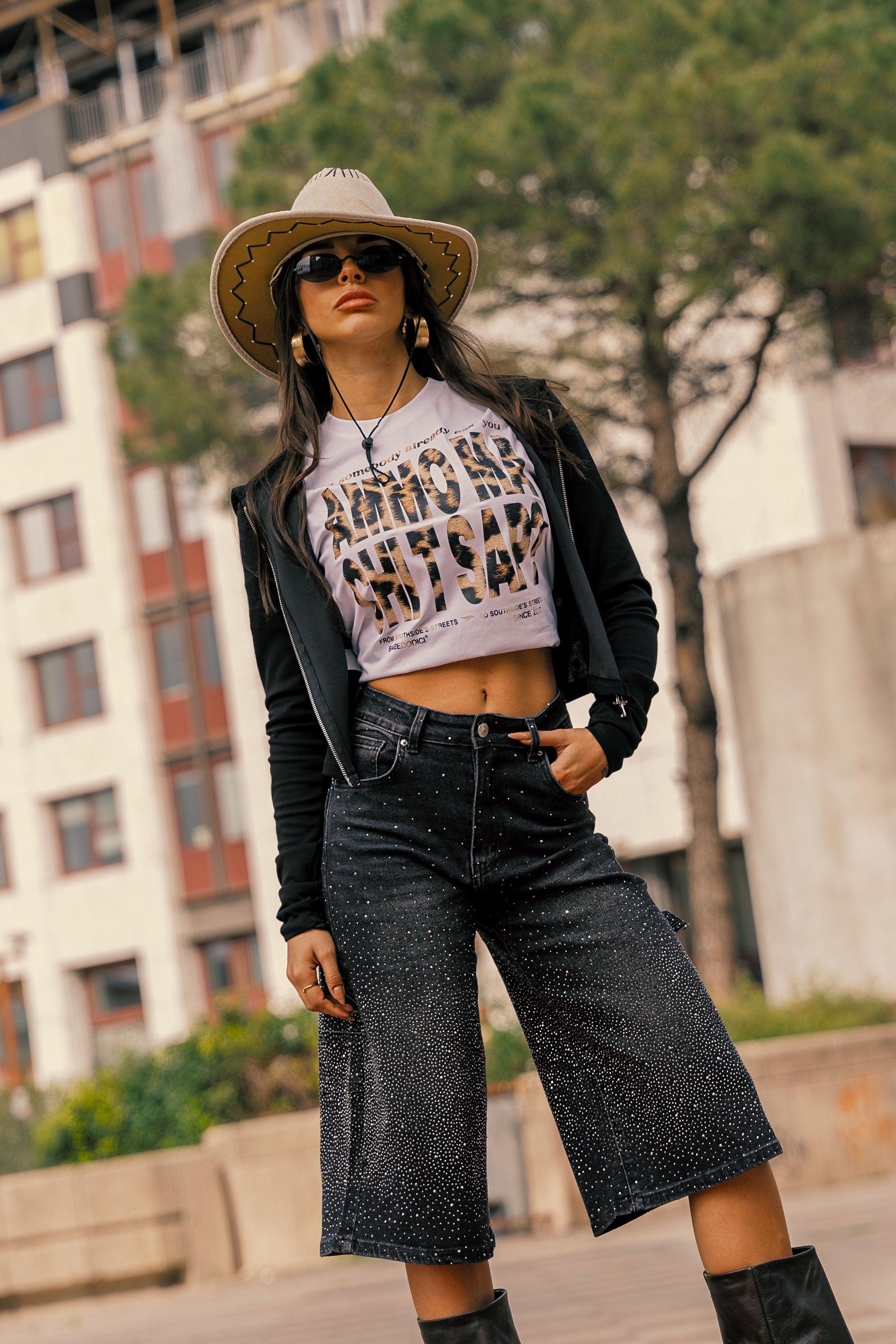 Crop Zip Hoodie “AMMO” Glitter Black