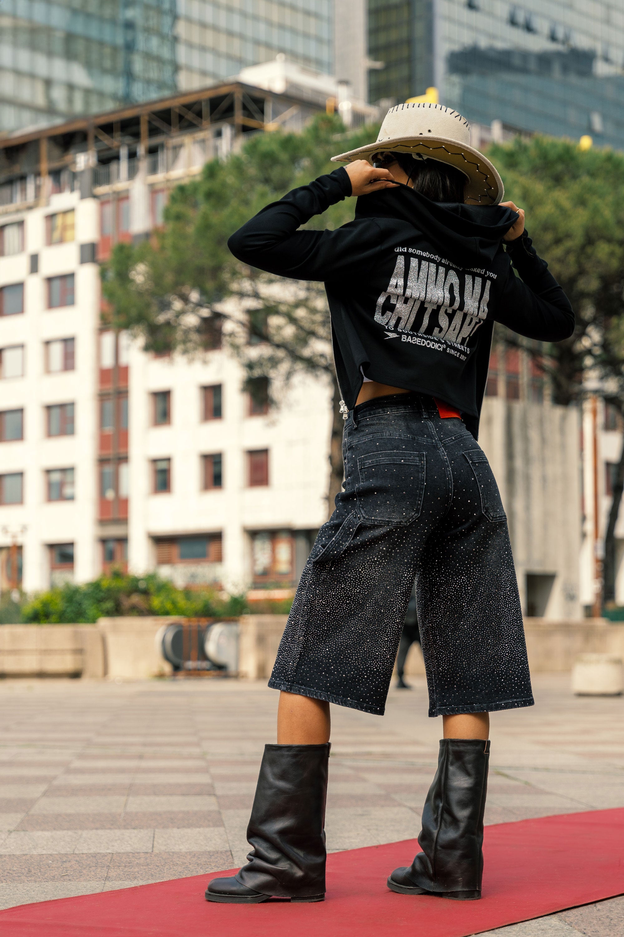 Crop Zip Hoodie “AMMO” Glitter Black