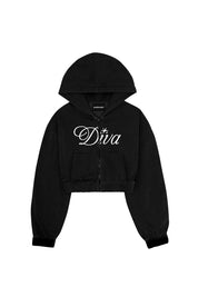 Crop Zip Hoodie “DIVA” Italic Black