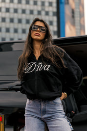 Crop Zip Hoodie “DIVA” Italic Black