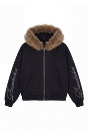 Full Zip "RUDE DIAMOND" Faux Fur Script Black