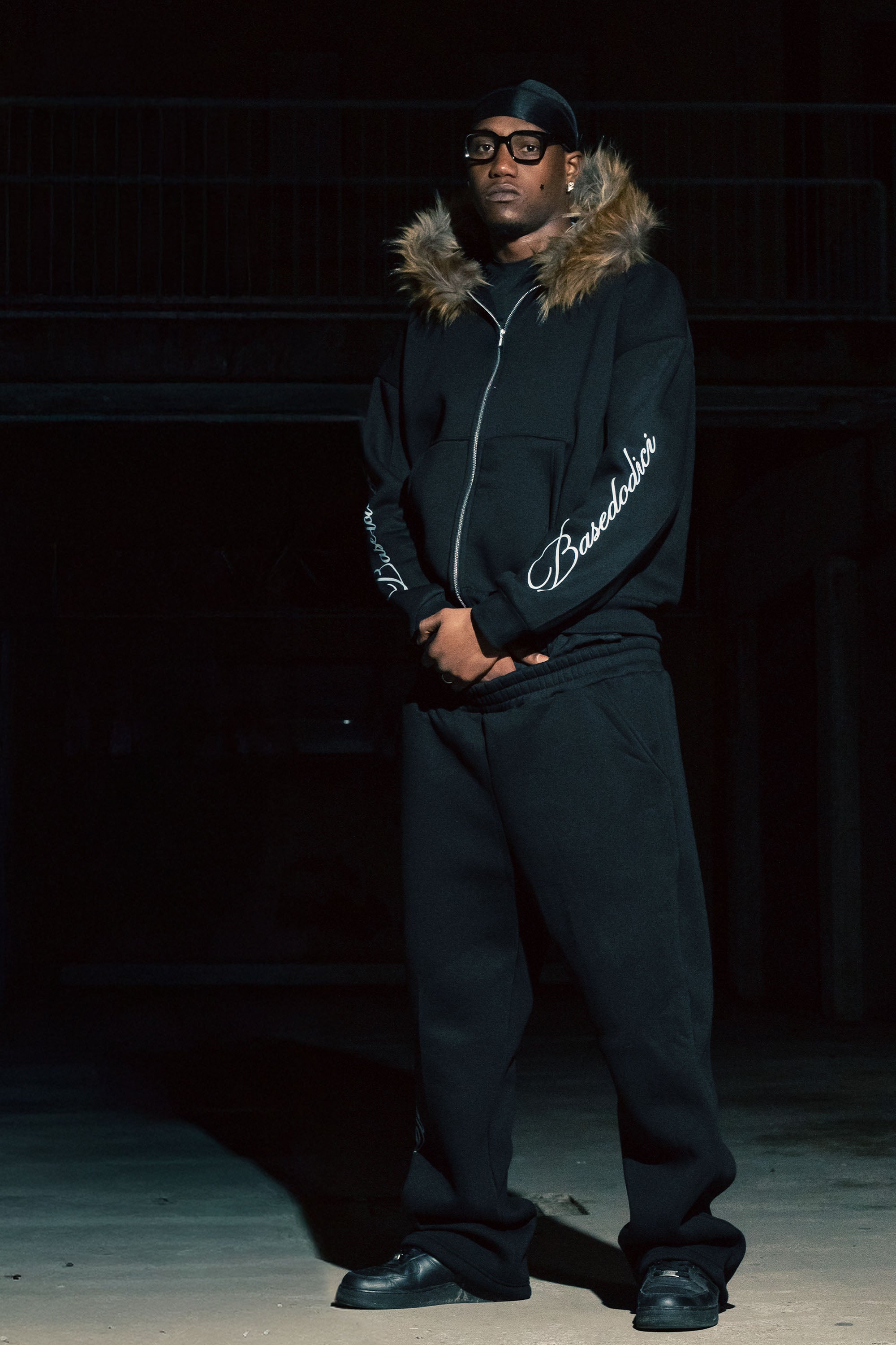 Full Zip "RUDE DIAMOND" Faux Fur Script Black