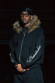 Full Zip "RUDE DIAMOND" Faux Fur Script Black