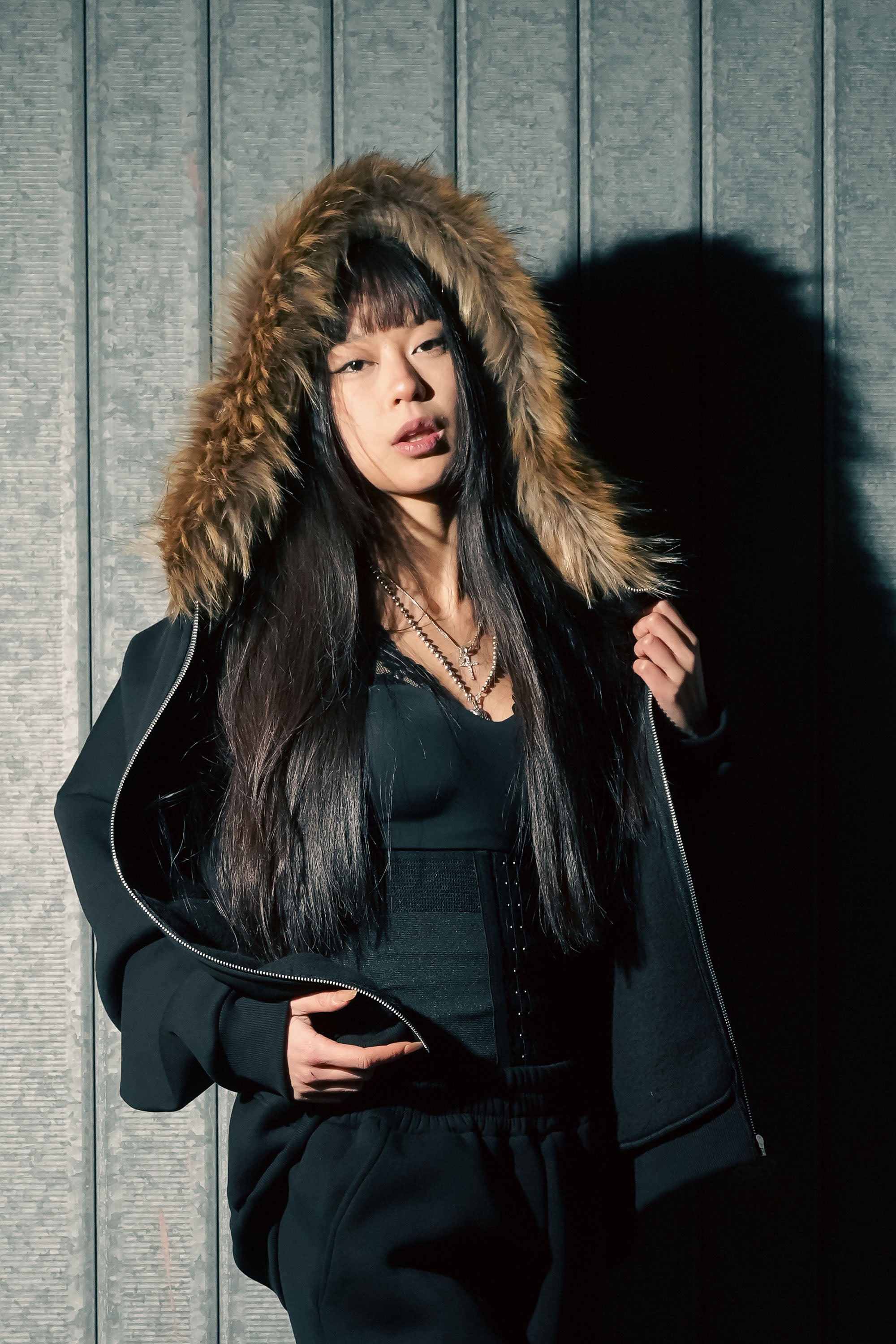 Full Zip "RUDE DIAMOND" Faux Fur Logo Black