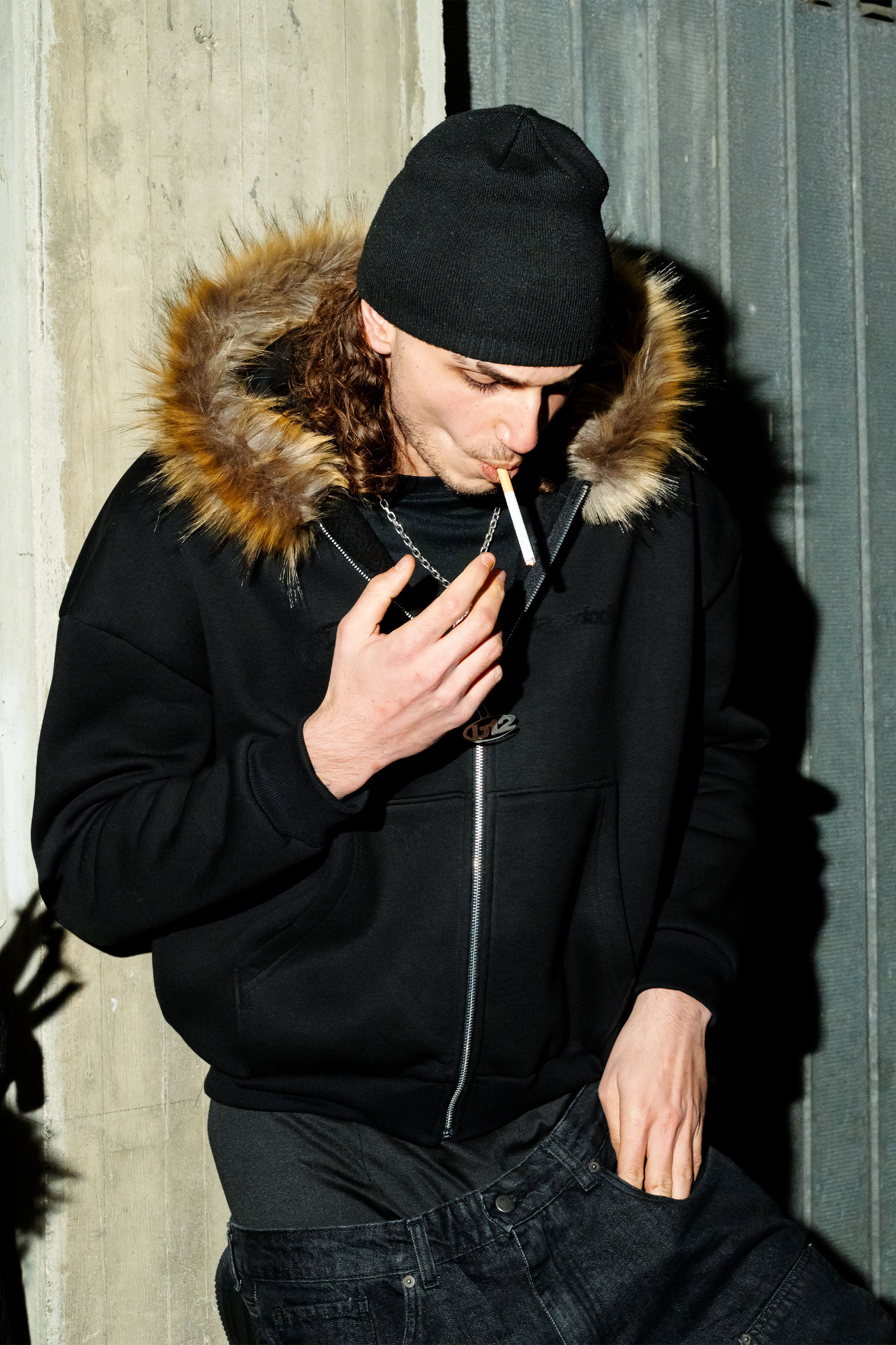 Full Zip "RUDE DIAMOND" Faux Fur Logo Black