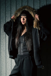 Full Zip "RUDE DIAMOND" Faux Fur Logo Black