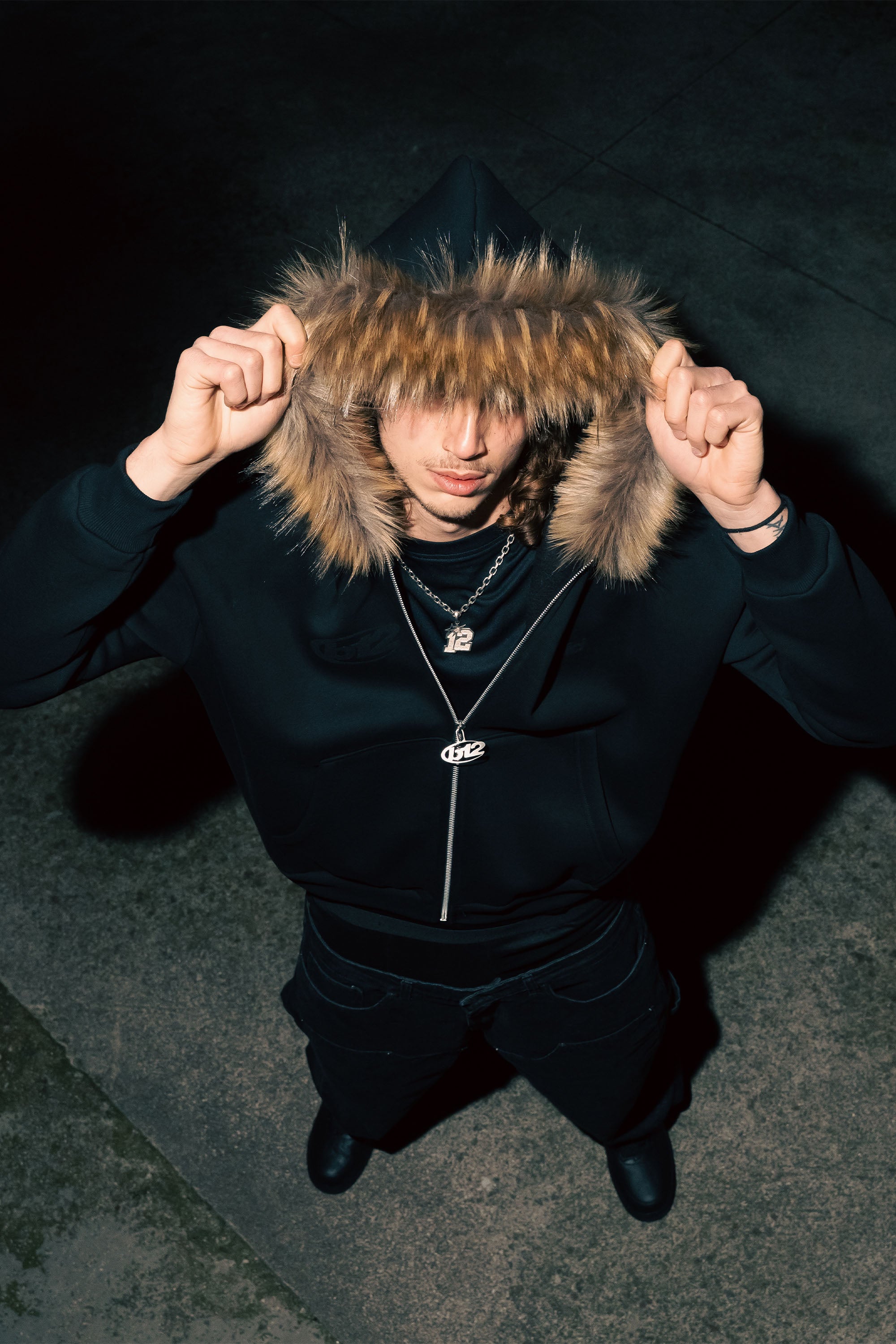 Full Zip "RUDE DIAMOND" Faux Fur Logo Black