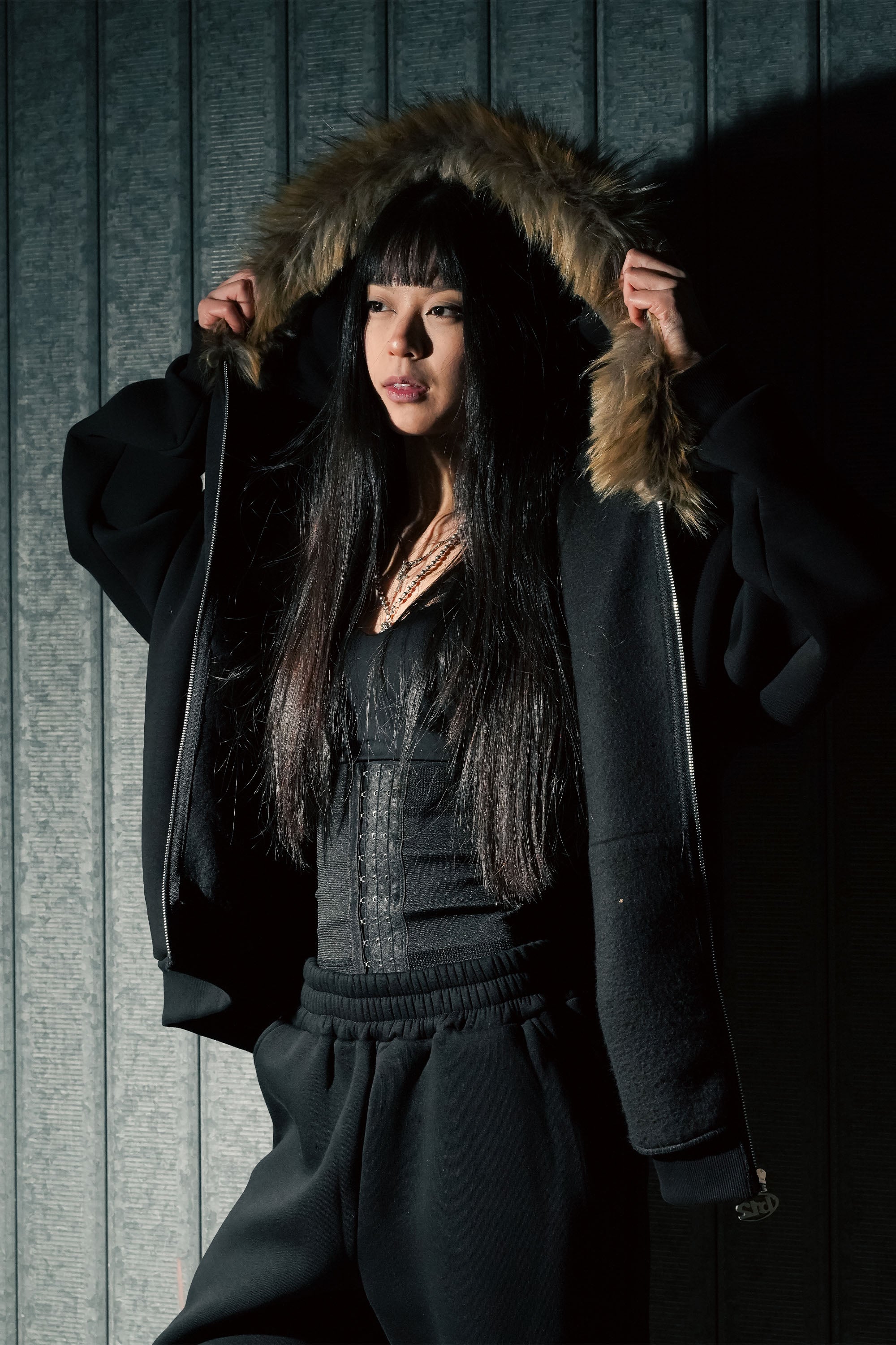 Full Zip "RUDE DIAMOND" Faux Fur Script Black