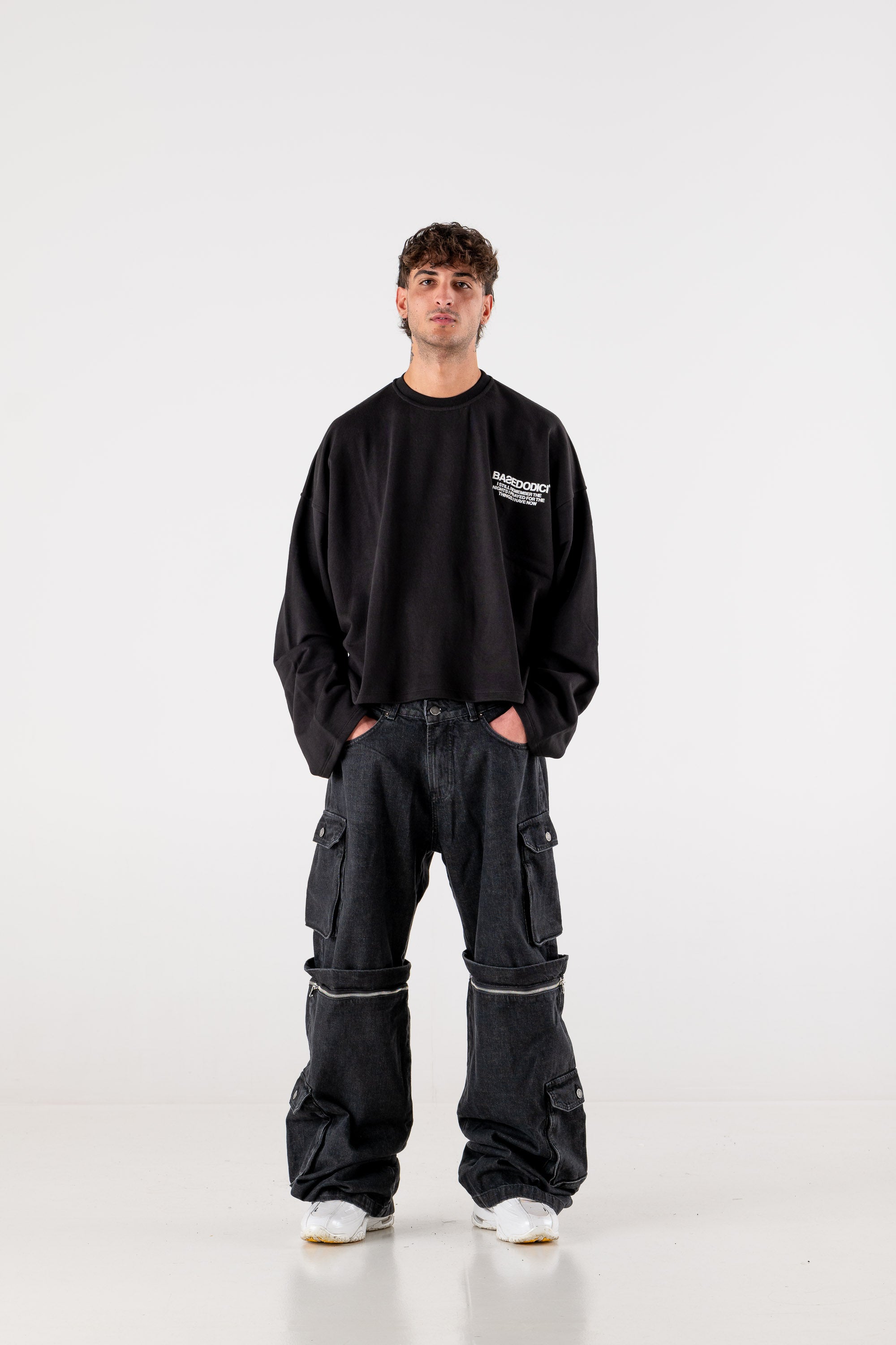 Double Denim Cargo Pants “DE LA RUE À LA RUE” Black 