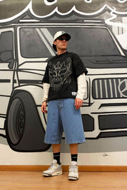 Jorts “CRUEL SEASON” Back Logo Light Blue