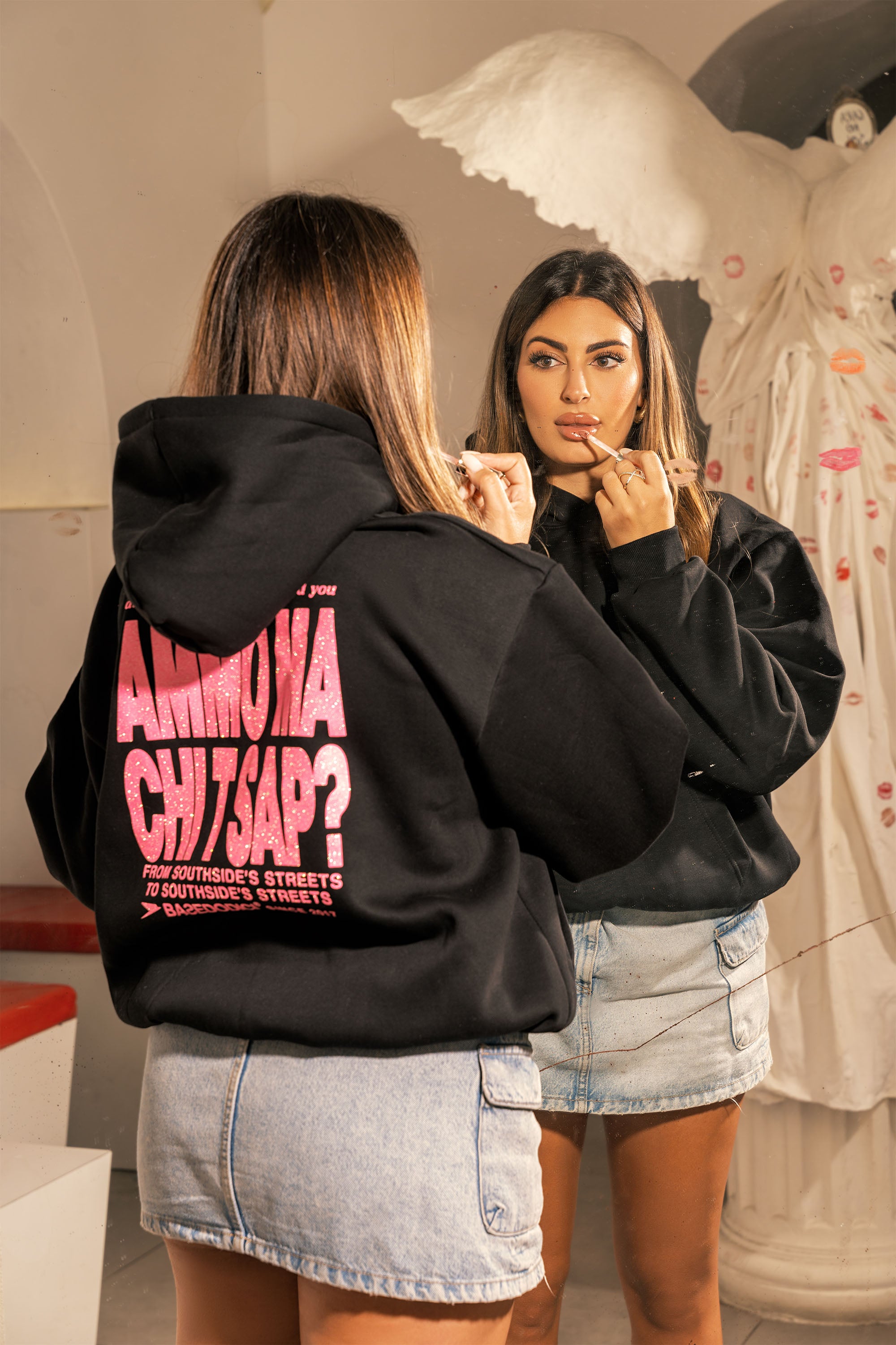 Hoodie “AMMO” CHI'T'SAP Black/Glitter Bubble Pink
