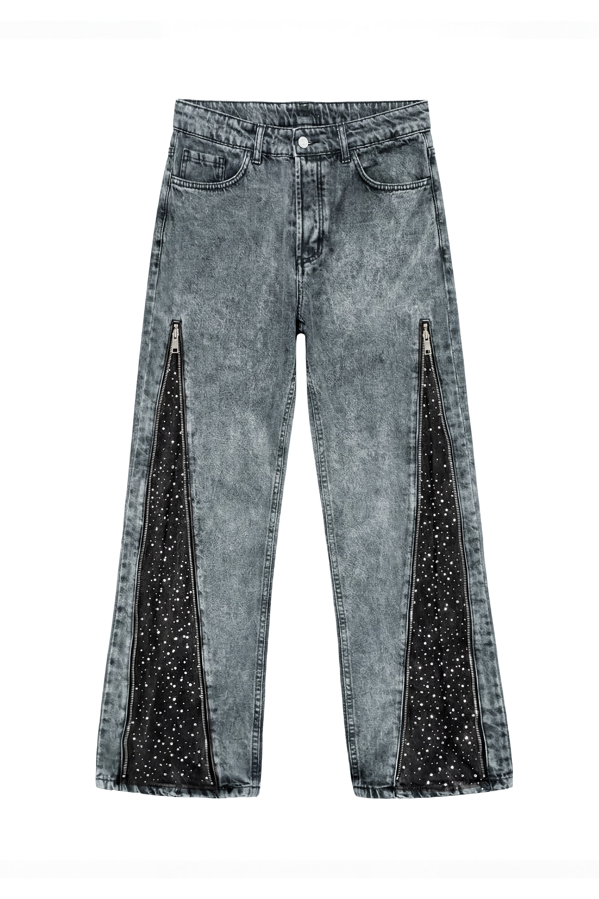 Side Zip Denim "RUDE DIAMOND" Rhinestones Stone Washed