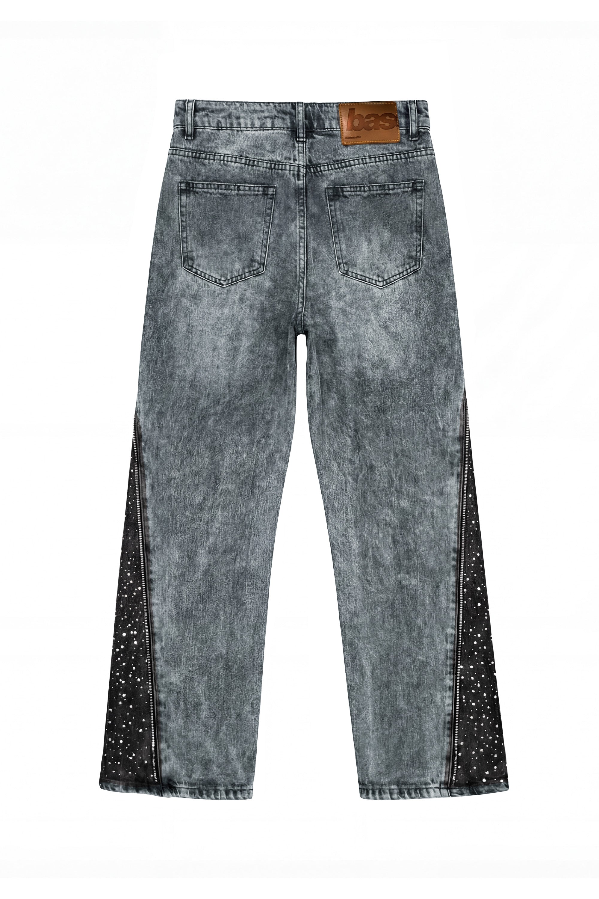 Side Zip Denim "RUDE DIAMOND" Rhinestones Stone Washed