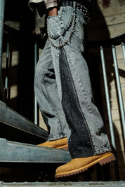 Side Zip Denim "RUDE DIAMOND" Rhinestones Stone Washed