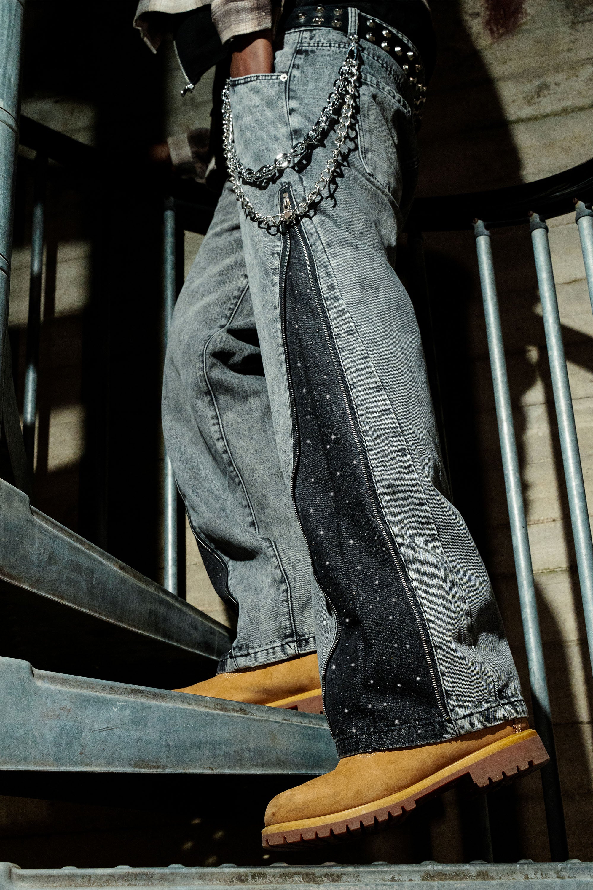 Side Zip Denim "RUDE DIAMOND" Rhinestones Stone Washed