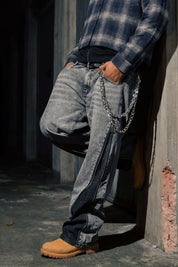 Side Zip Denim "RUDE DIAMOND" Rhinestones Stone Washed