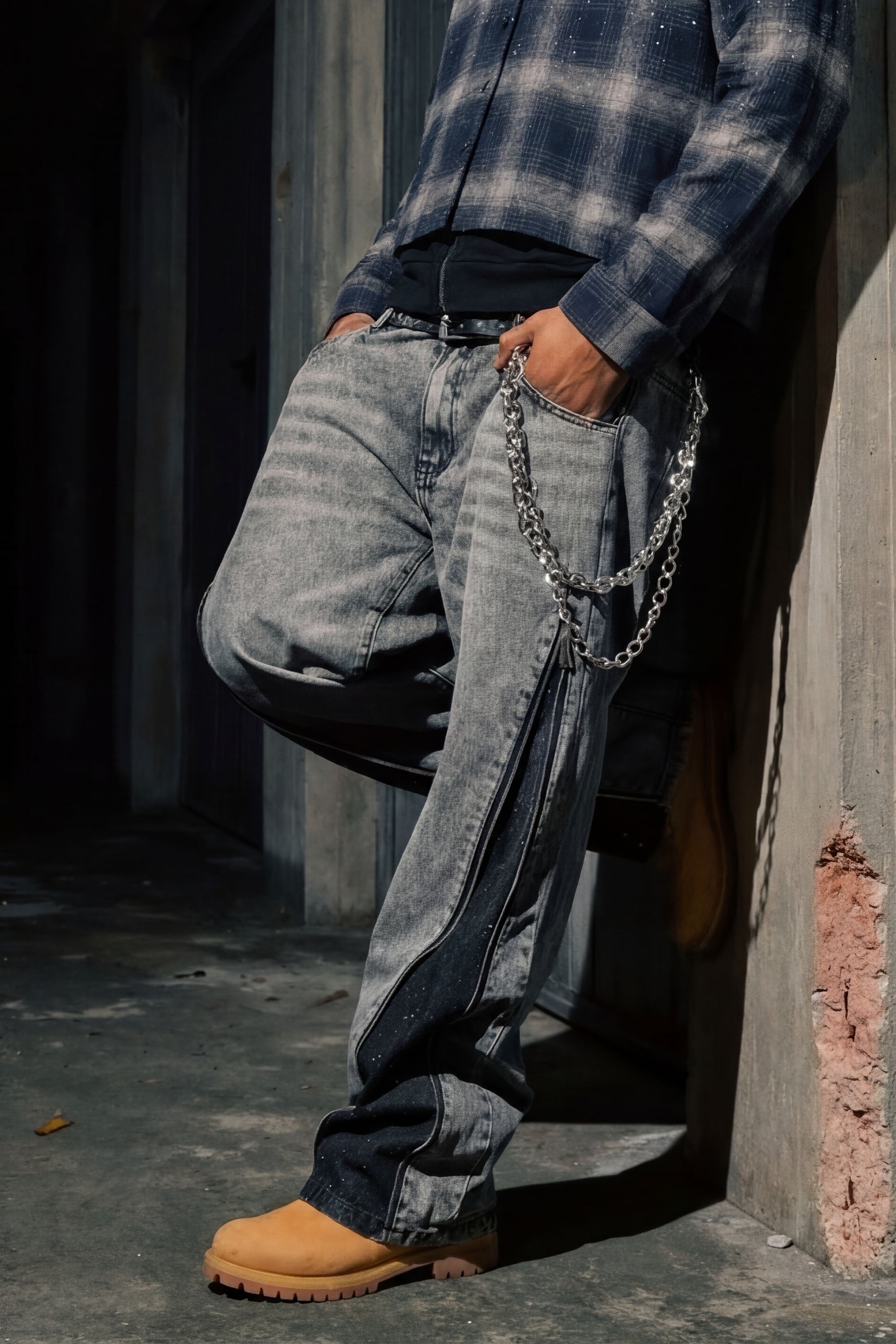 Side Zip Denim "RUDE DIAMOND" Rhinestones Stone Washed