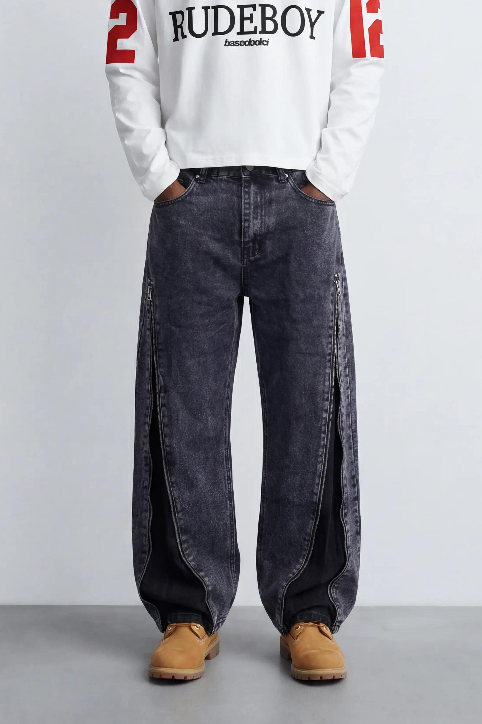 Side Zip Denim "RUDEBOY LDN" Washed Blue