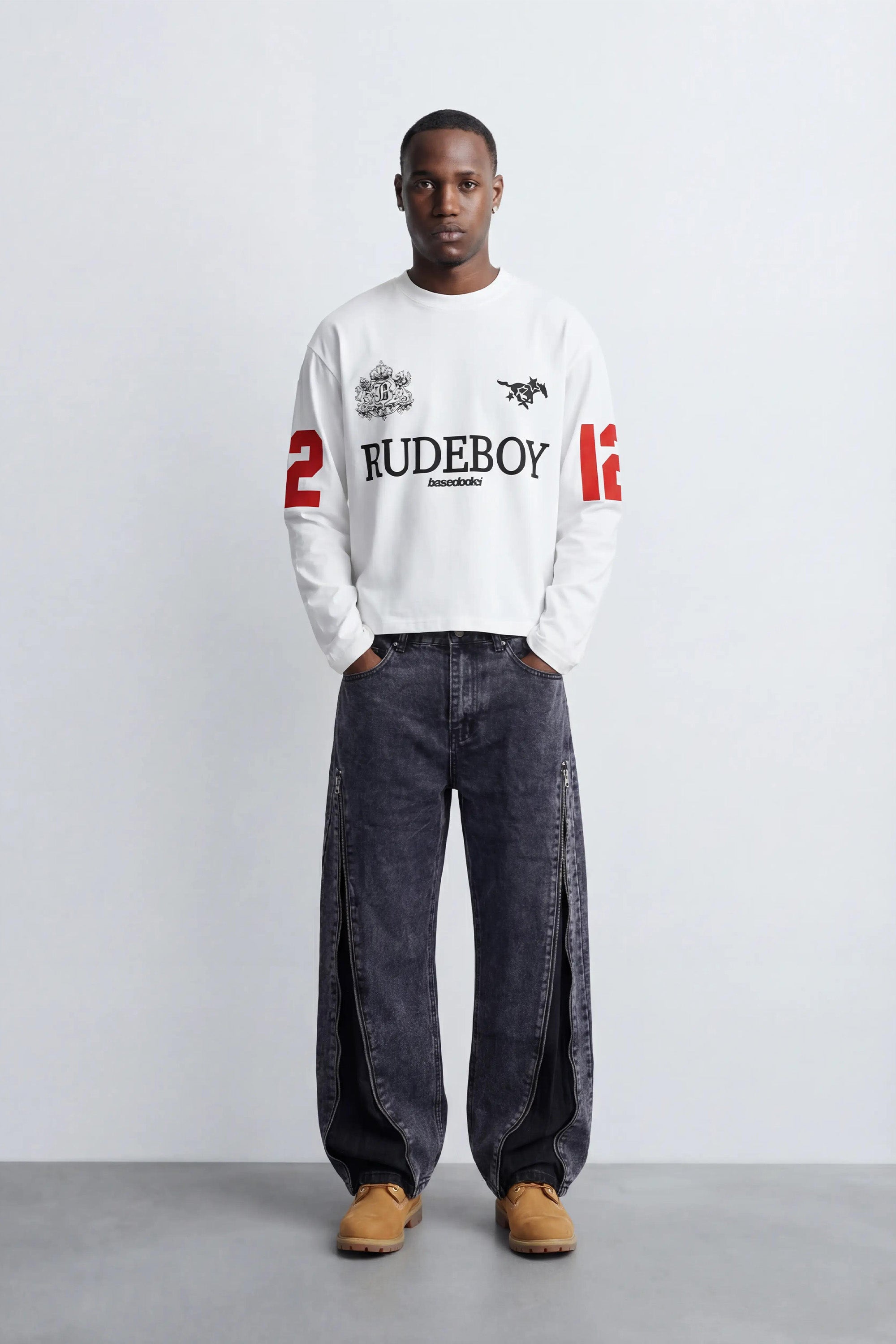 Side Zip Denim "RUDEBOY LDN" Washed Blue