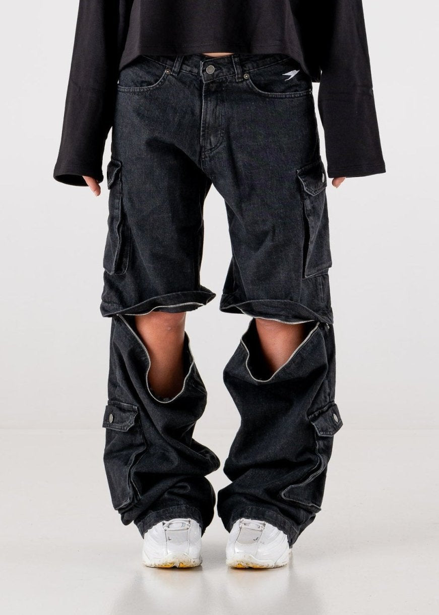 Double Denim Cargo Pants “DE LA RUE À LA RUE” Black - BASEDODICI®