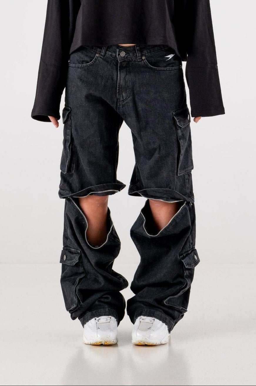 Double Denim Cargo Pants “DE LA RUE À LA RUE” Black - BASEDODICI®
