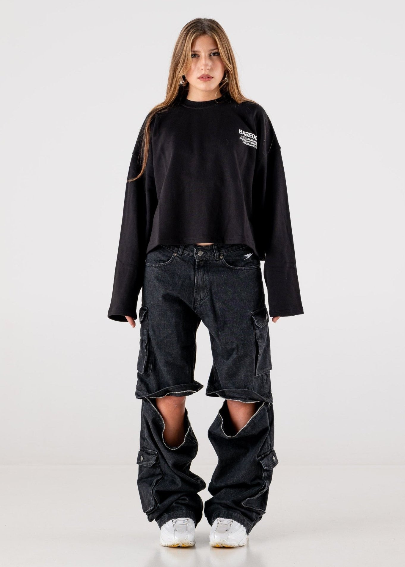 Double Denim Cargo Pants “DE LA RUE À LA RUE” Black - BASEDODICI®
