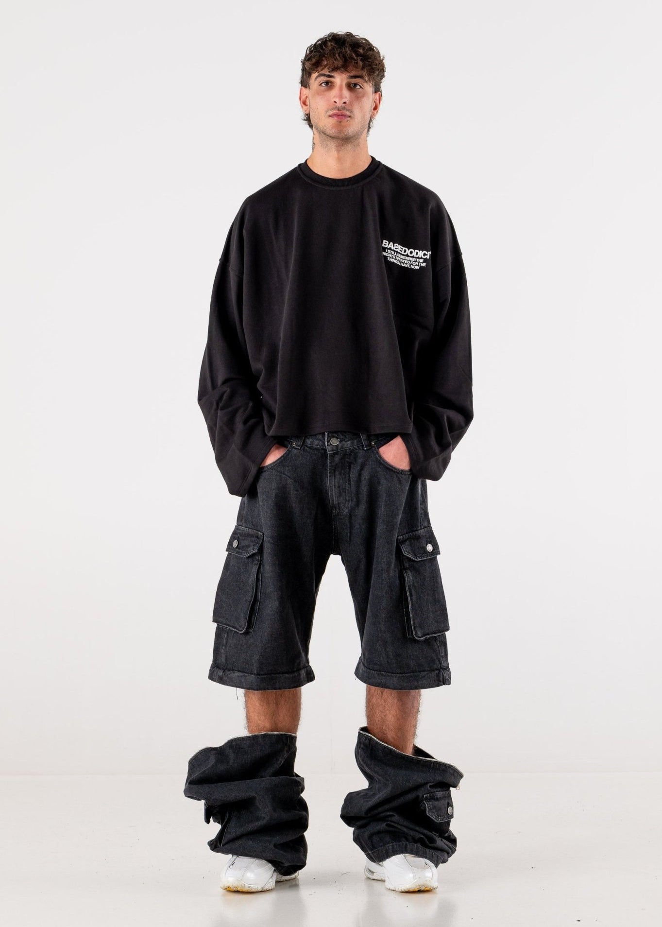 Double Denim Cargo Pants “DE LA RUE À LA RUE” Black - BASEDODICI®