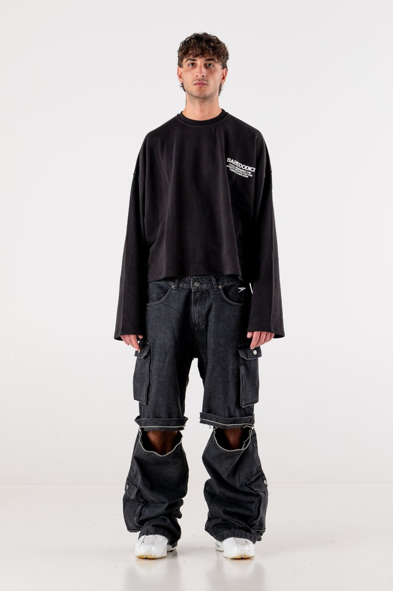 Double Denim Cargo Pants “DE LA RUE À LA RUE” Black - BASEDODICI®