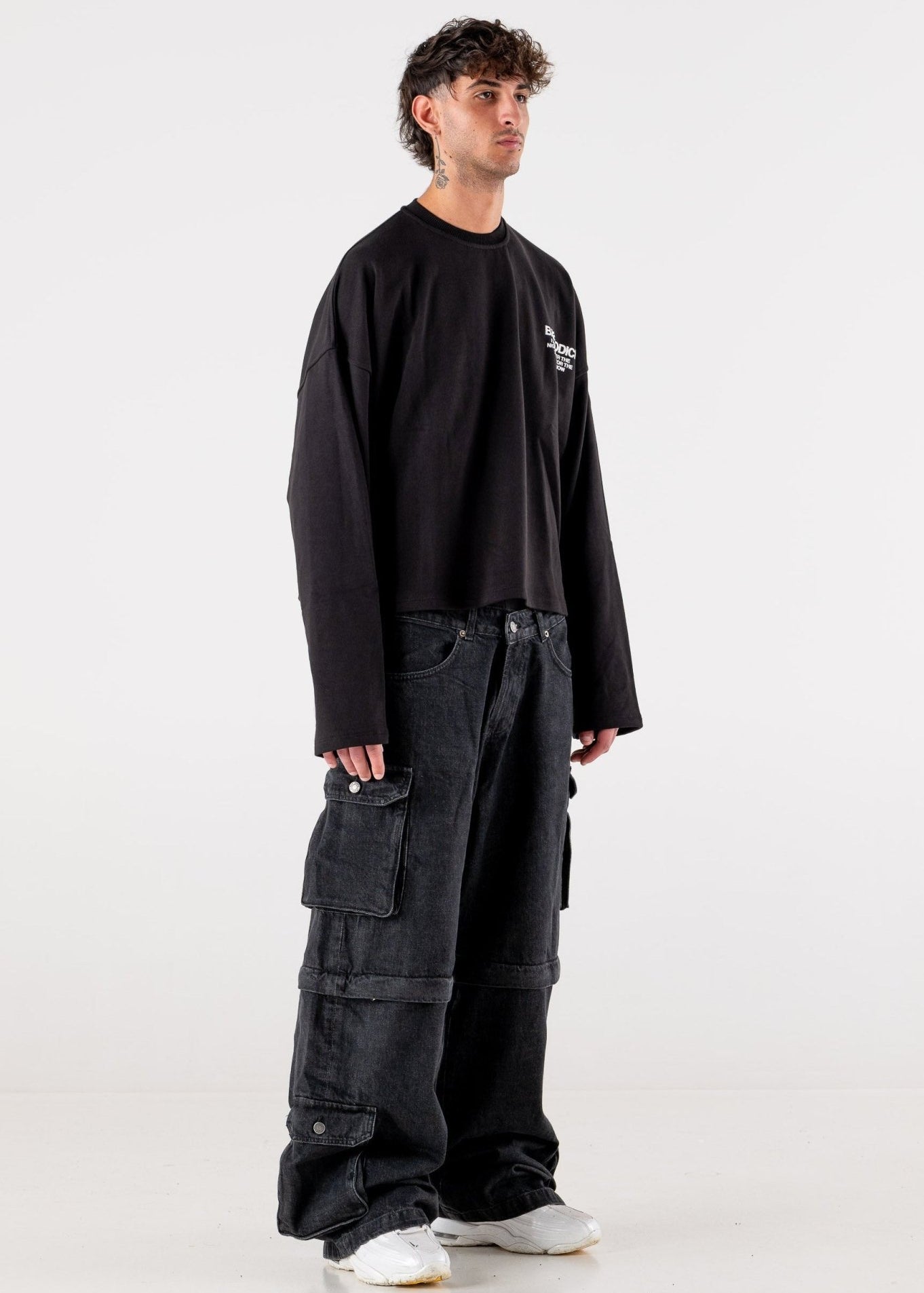 Double Denim Cargo Pants “DE LA RUE À LA RUE” Black - BASEDODICI®