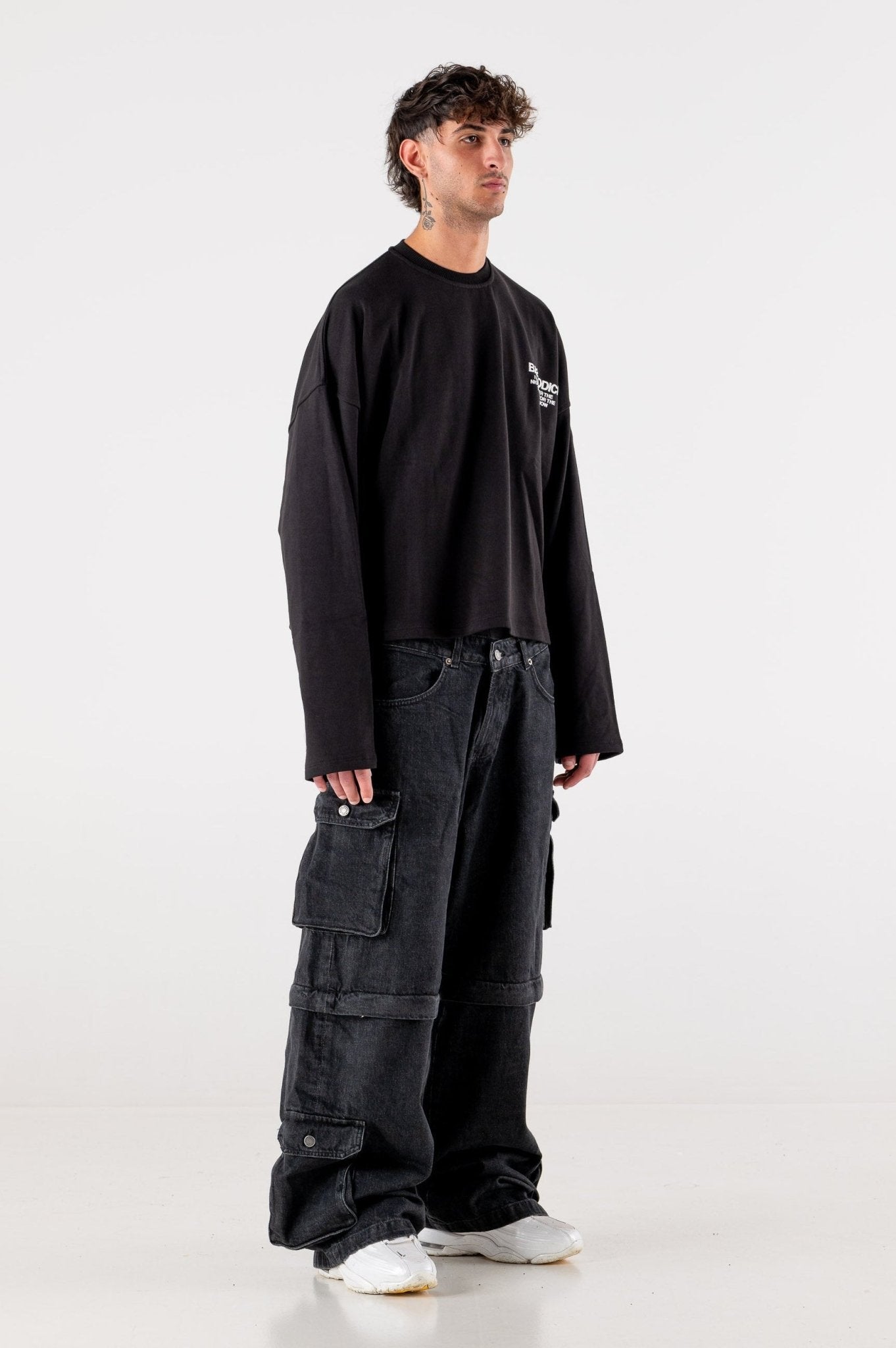 Double Denim Cargo Pants “DE LA RUE À LA RUE” Black - BASEDODICI®