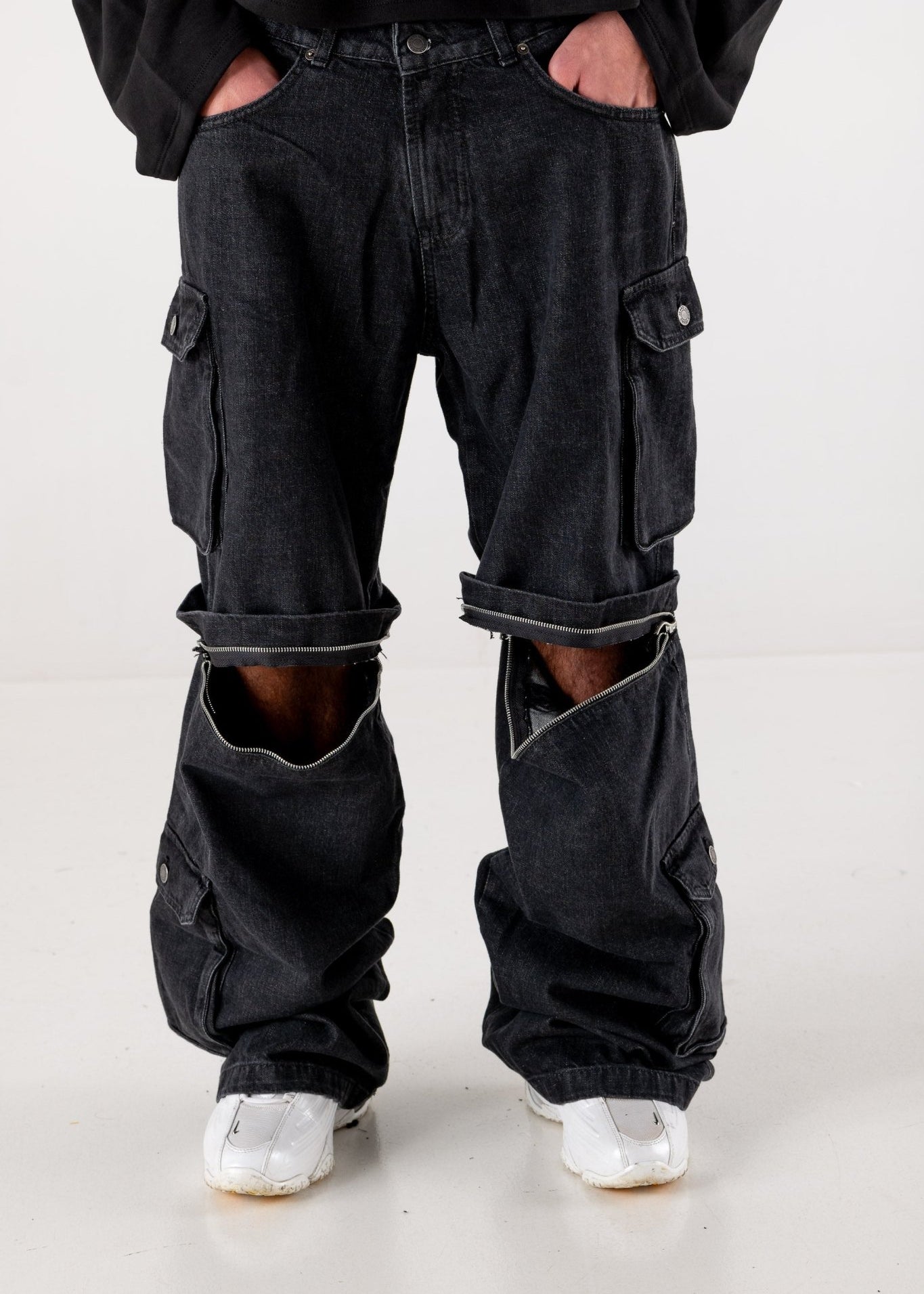 Double Denim Cargo Pants “DE LA RUE À LA RUE” Black - BASEDODICI®