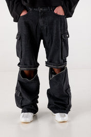 Double Denim Cargo Pants “DE LA RUE À LA RUE” Black - BASEDODICI®