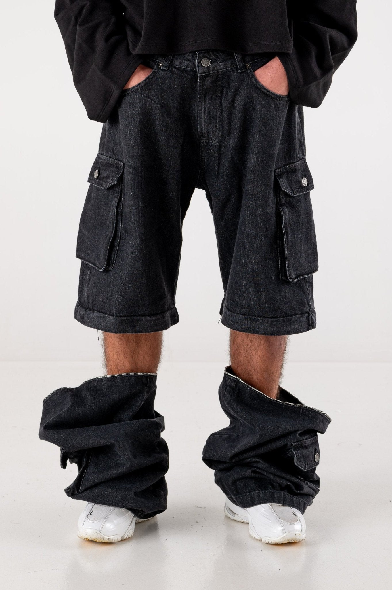 Double Denim Cargo Pants “DE LA RUE À LA RUE” Black - BASEDODICI®