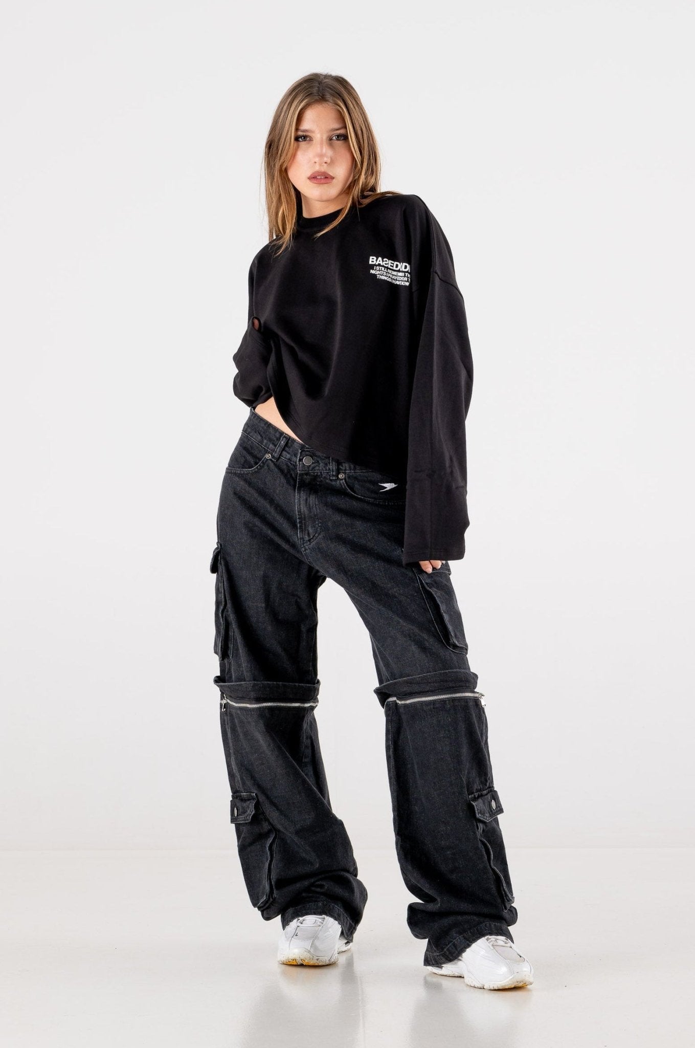 Double Denim Cargo Pants “DE LA RUE À LA RUE” Black - BASEDODICI®