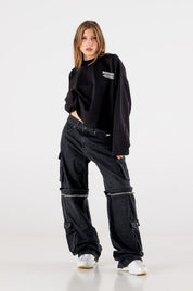 Double Denim Cargo Pants “DE LA RUE À LA RUE” Black - BASEDODICI®