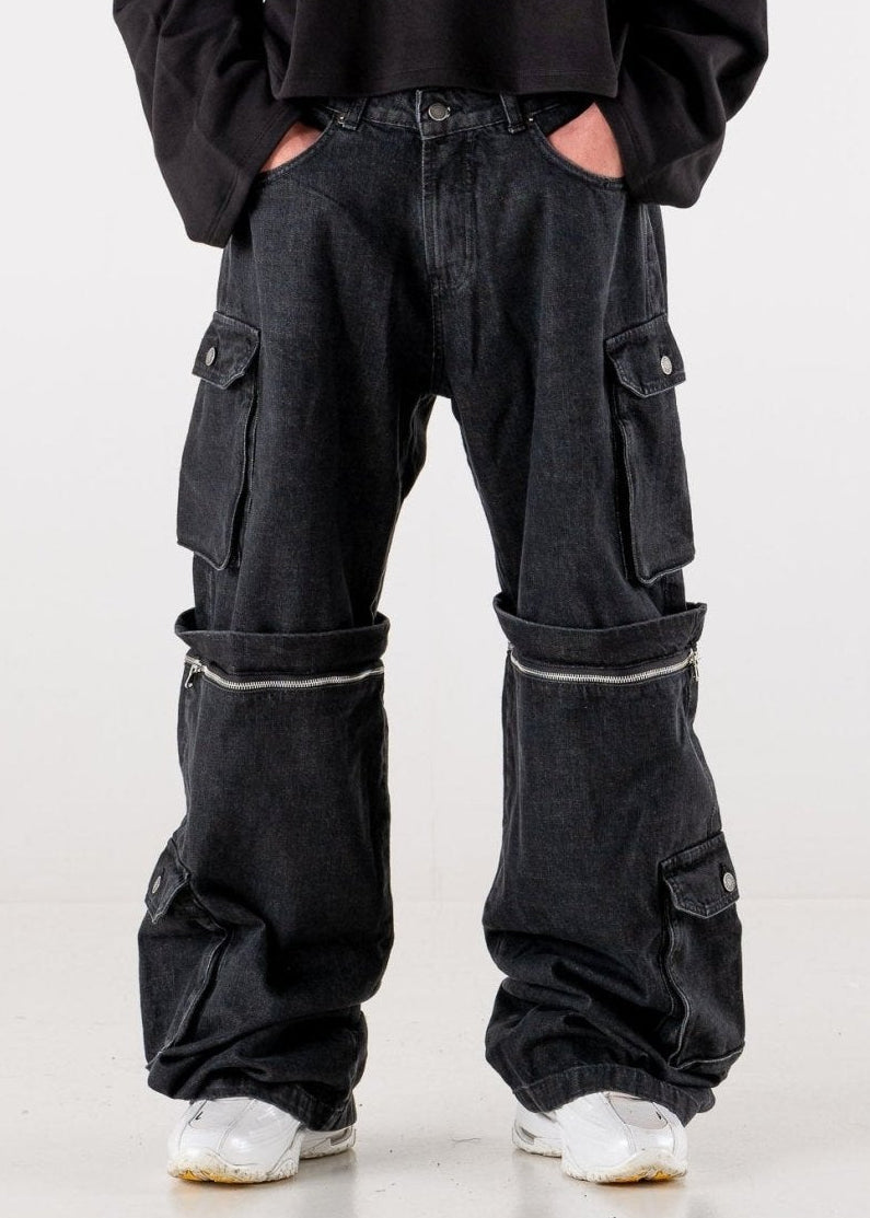 Double Denim Cargo Pants “DE LA RUE À LA RUE” Black - BASEDODICI®