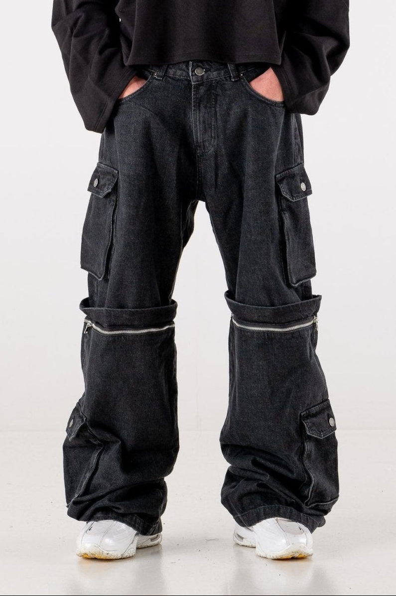 Double Denim Cargo Pants “DE LA RUE À LA RUE” Black - BASEDODICI®