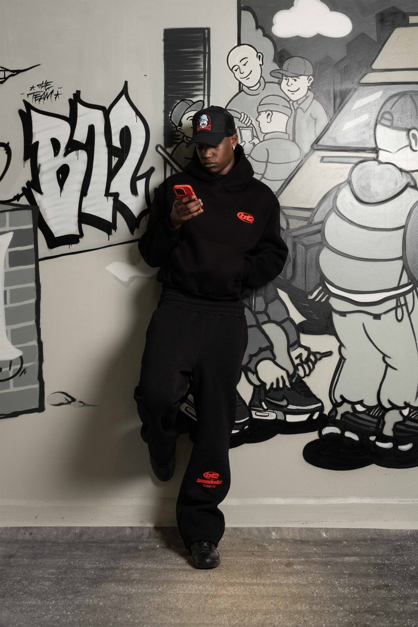 Fleece Pants "TEAM012" Logo Black/Red - BASEDODICI®