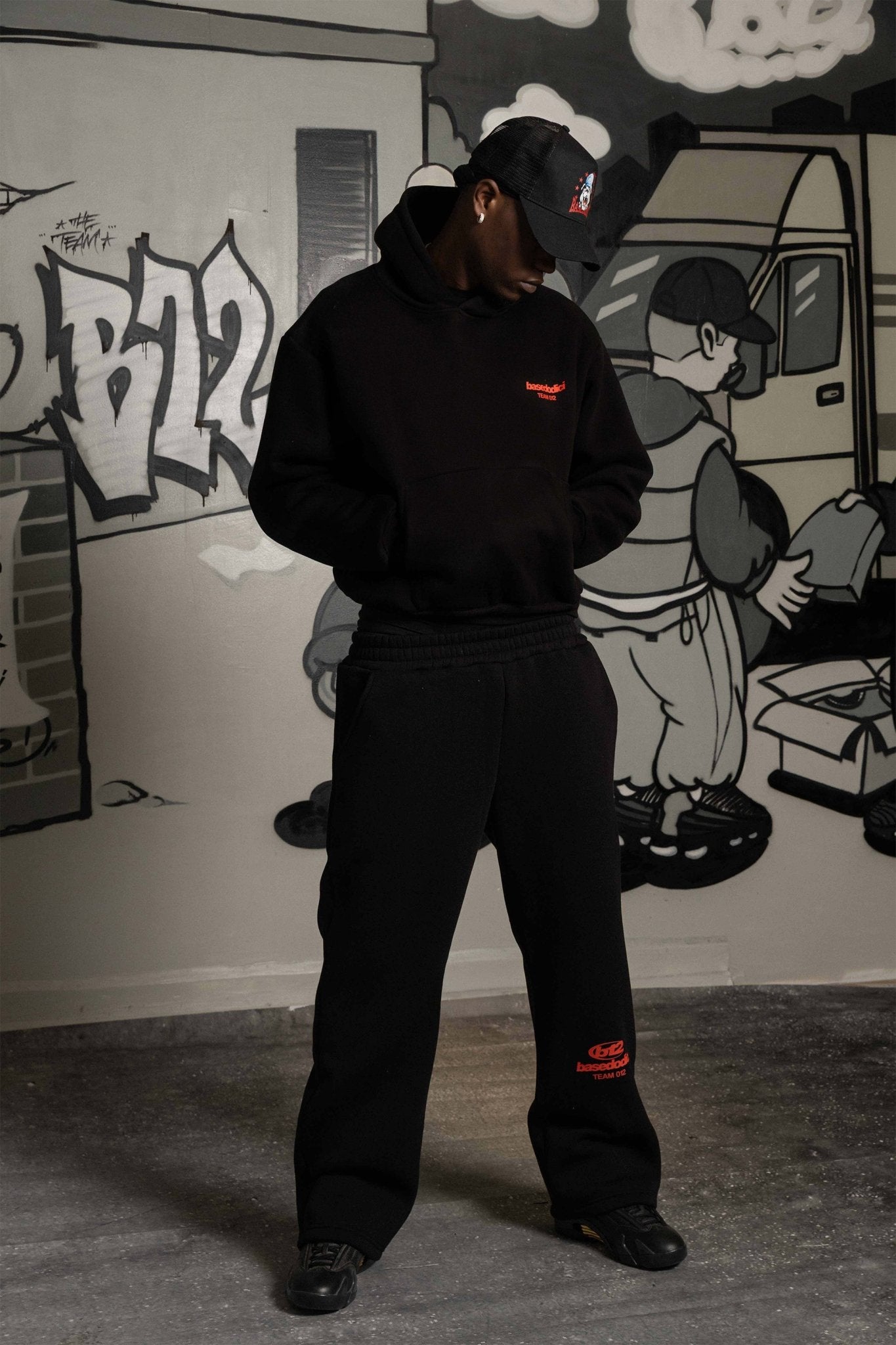 Fleece Pants "TEAM012" Logo Black/Red - BASEDODICI®