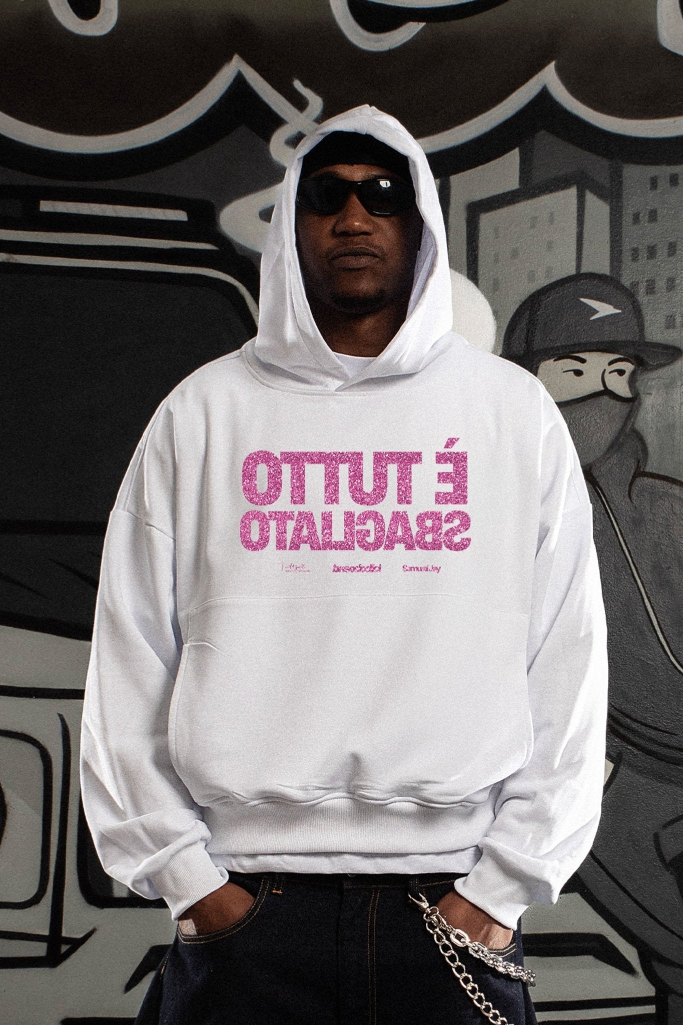 Hoodie "SAMURAIJAYxBASEDODICI" TuttoSbagliato White/GlitterPink - BASEDODICI®