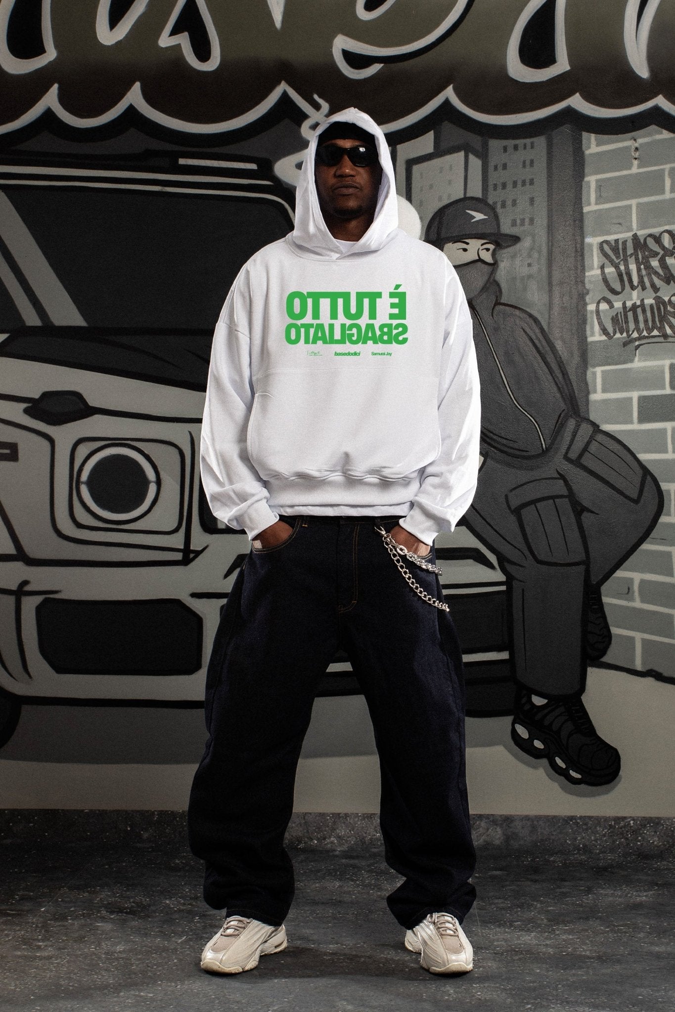 Hoodie "SAMURAIJAYxBASEDODICI" TuttoSbagliato White/Green - BASEDODICI®