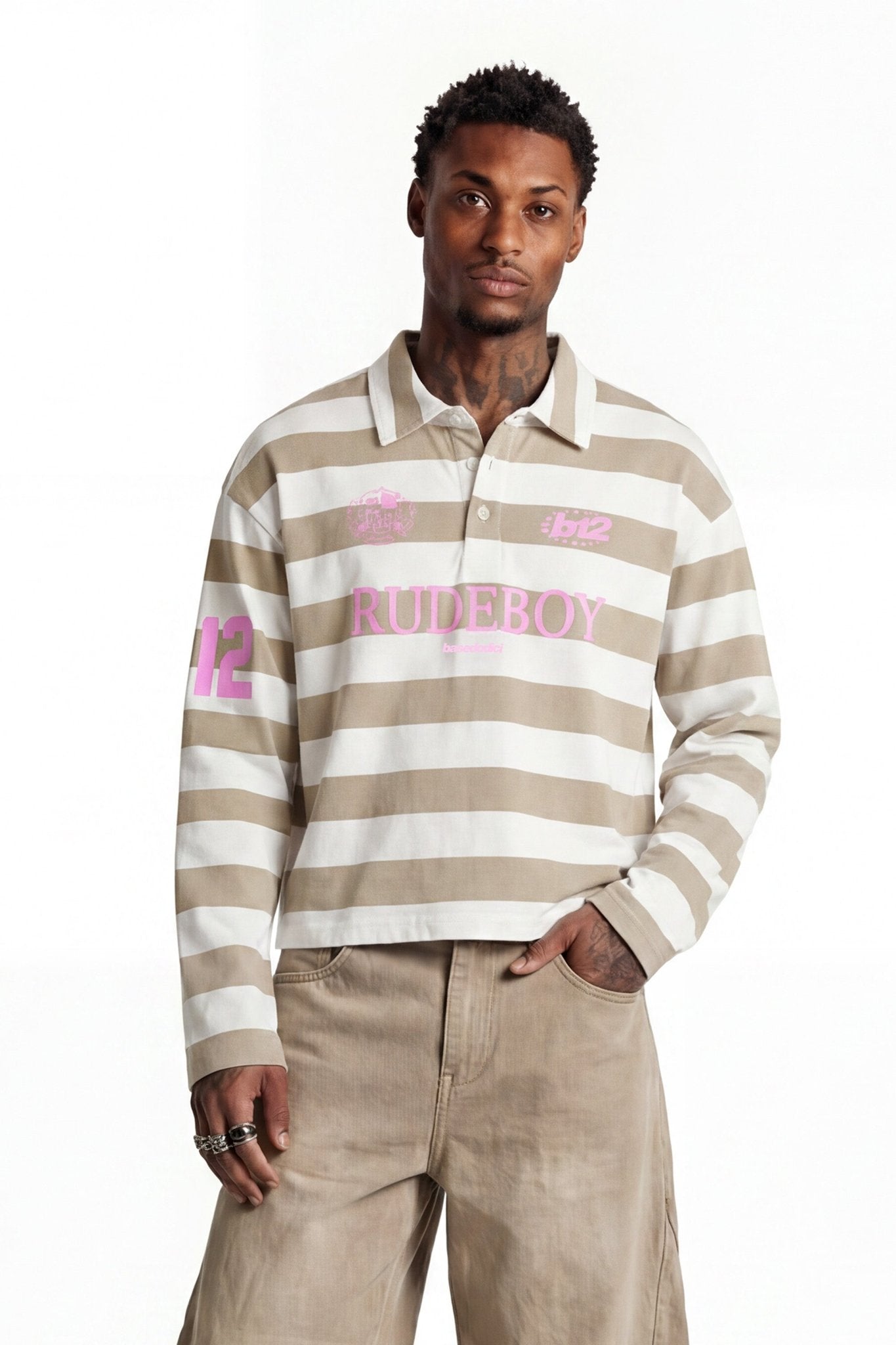 Polo Longsleeve "FOR DREAMERS" Rudeboy Stripe Beige - BASEDODICI®