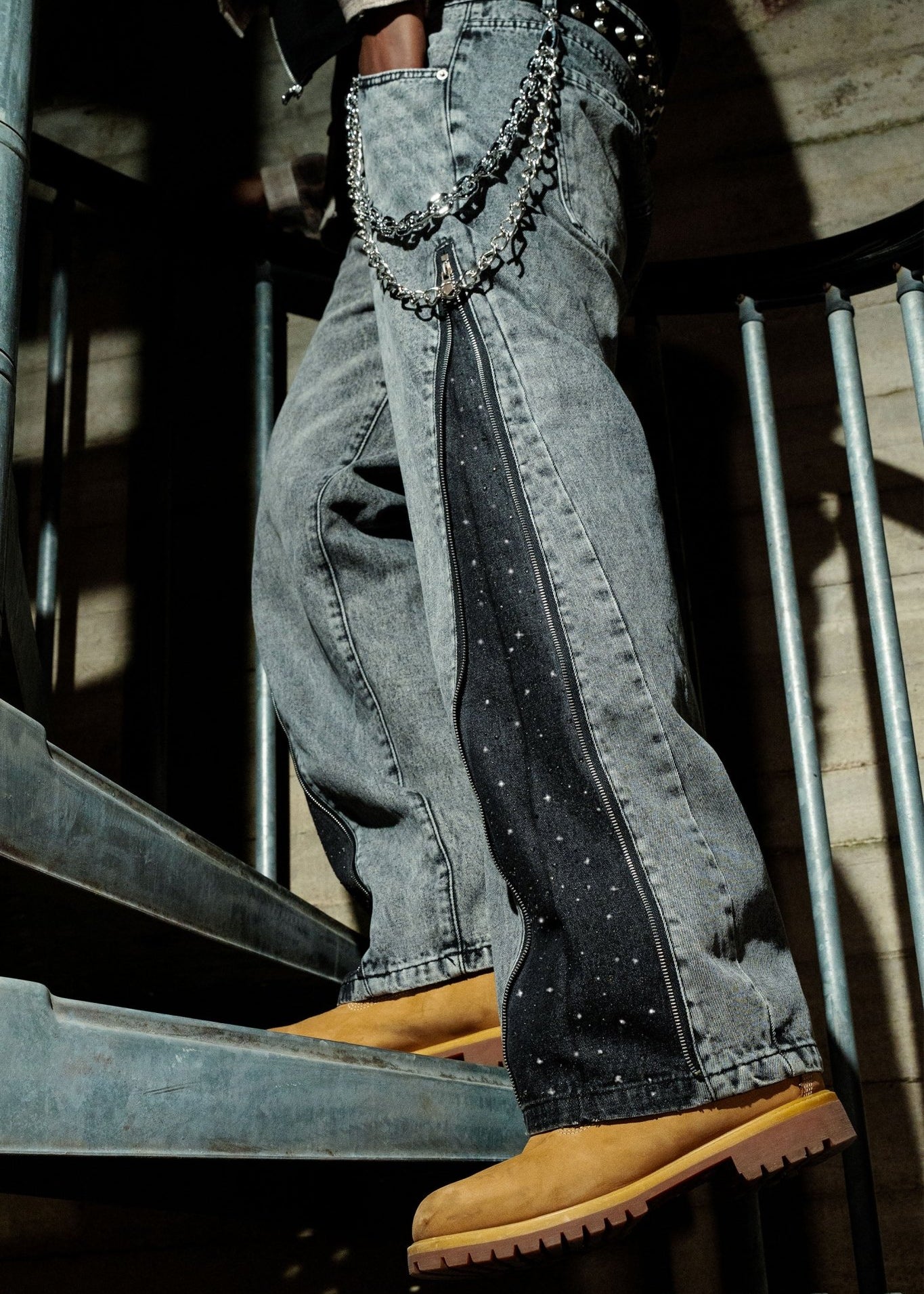 Side Zip Denim "RUDE DIAMOND" Rhinestones Stone Washed - BASEDODICI®