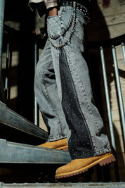 Side Zip Denim "RUDE DIAMOND" Rhinestones Stone Washed - BASEDODICI®