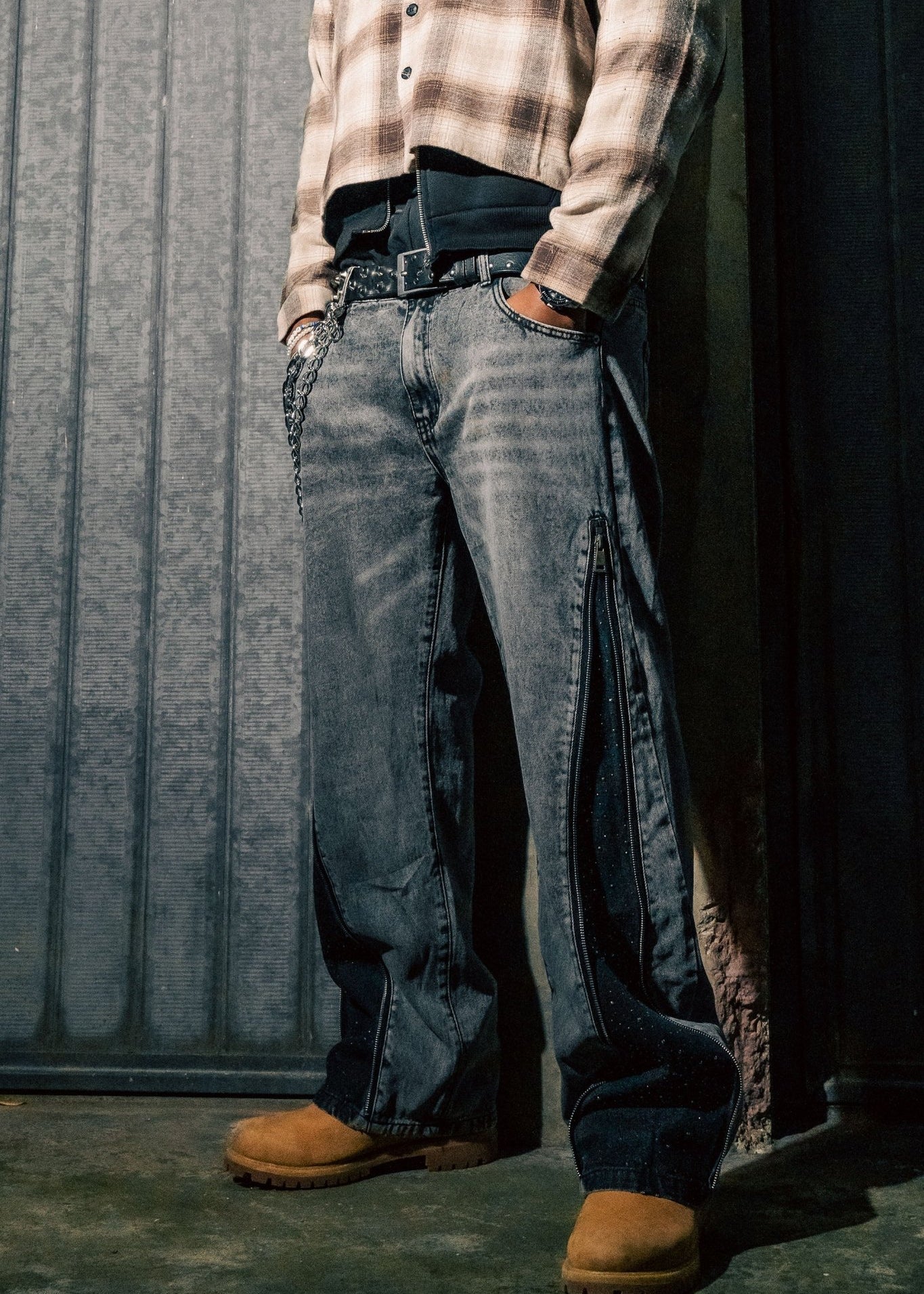 Side Zip Denim "RUDE DIAMOND" Rhinestones Stone Washed - BASEDODICI®