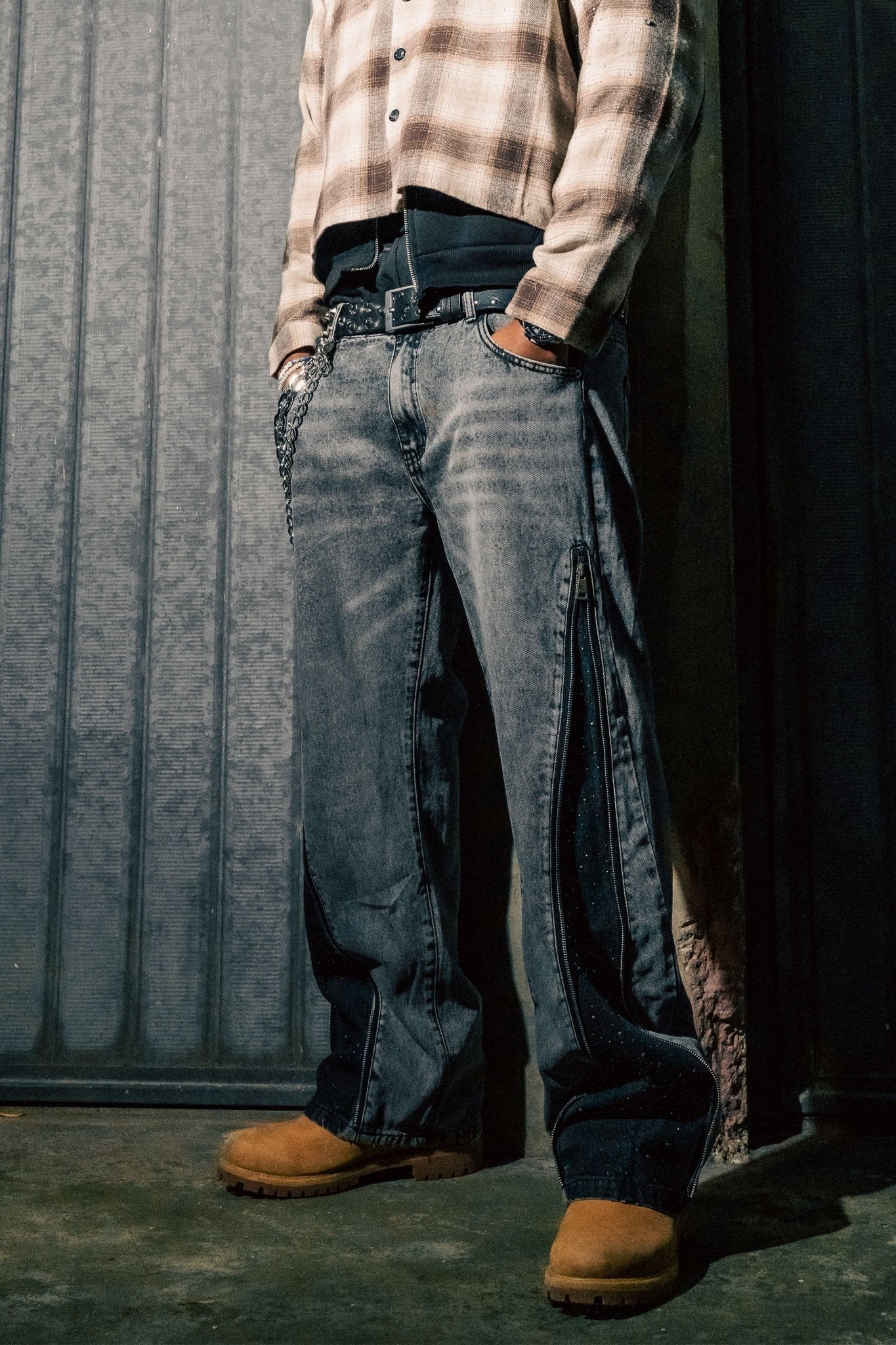 Side Zip Denim "RUDE DIAMOND" Rhinestones Stone Washed - BASEDODICI®