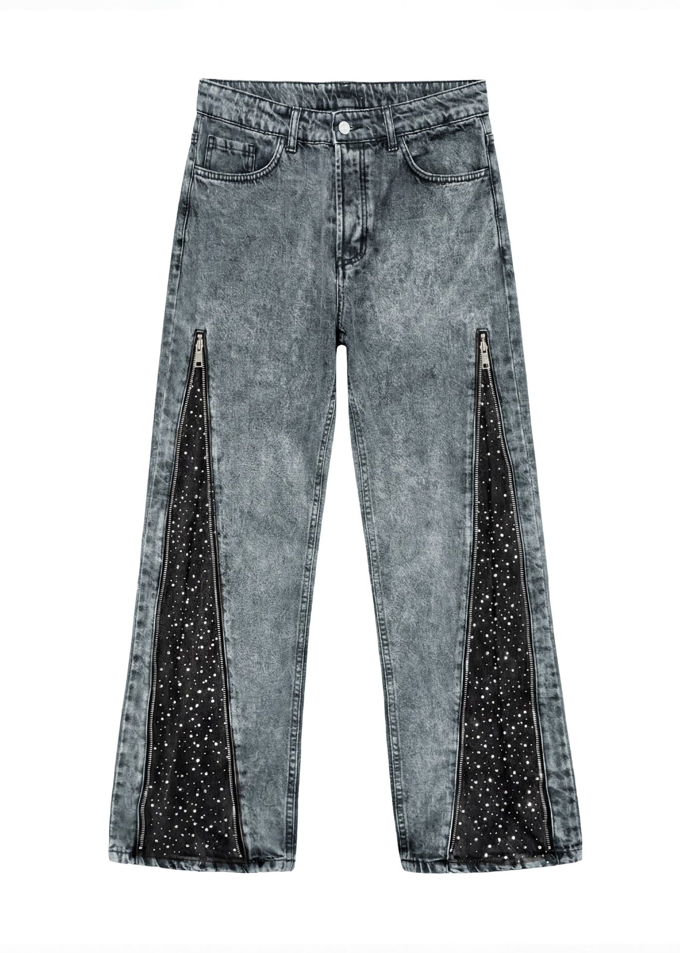 Side Zip Denim "RUDE DIAMOND" Rhinestones Stone Washed - BASEDODICI®