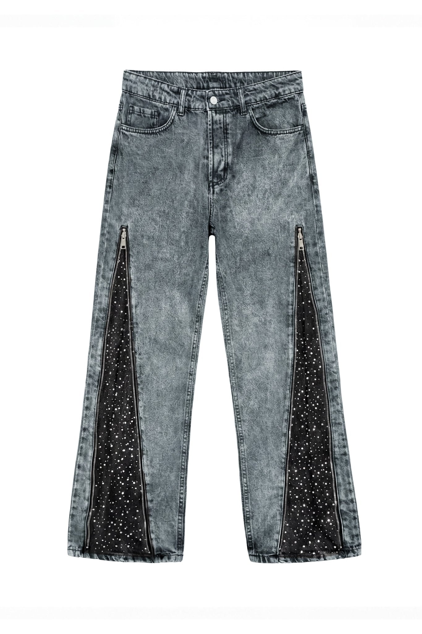 Side Zip Denim "RUDE DIAMOND" Rhinestones Stone Washed - BASEDODICI®