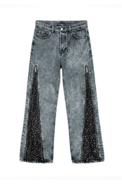 Side Zip Denim "RUDE DIAMOND" Rhinestones Stone Washed - BASEDODICI®